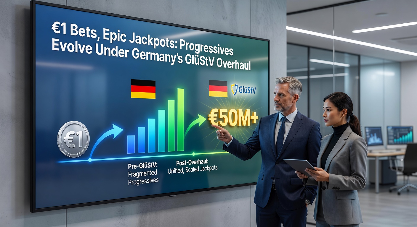 Darstellung eines progressiven Jackpots mit €1-Wette auf einem Slot-Automaten unter deutscher Regulierung, beleuchtet durch GlüStV-Logo
