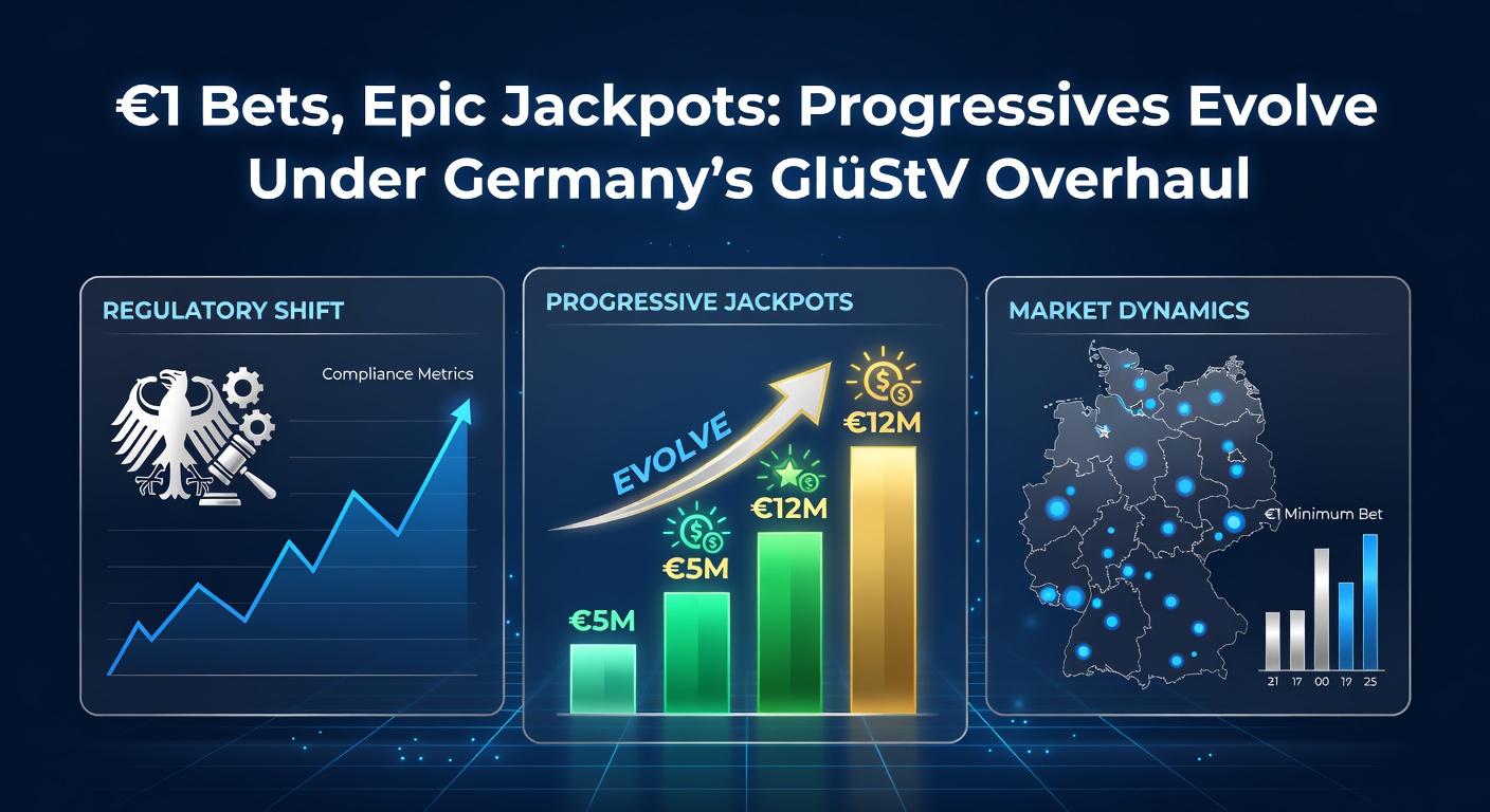 Grafik eines wachsenden progressiven Jackpot-Töpfens mit €1-Wett-Symbolen und GlüStV-Überarbeitungs-Highlights für 2026