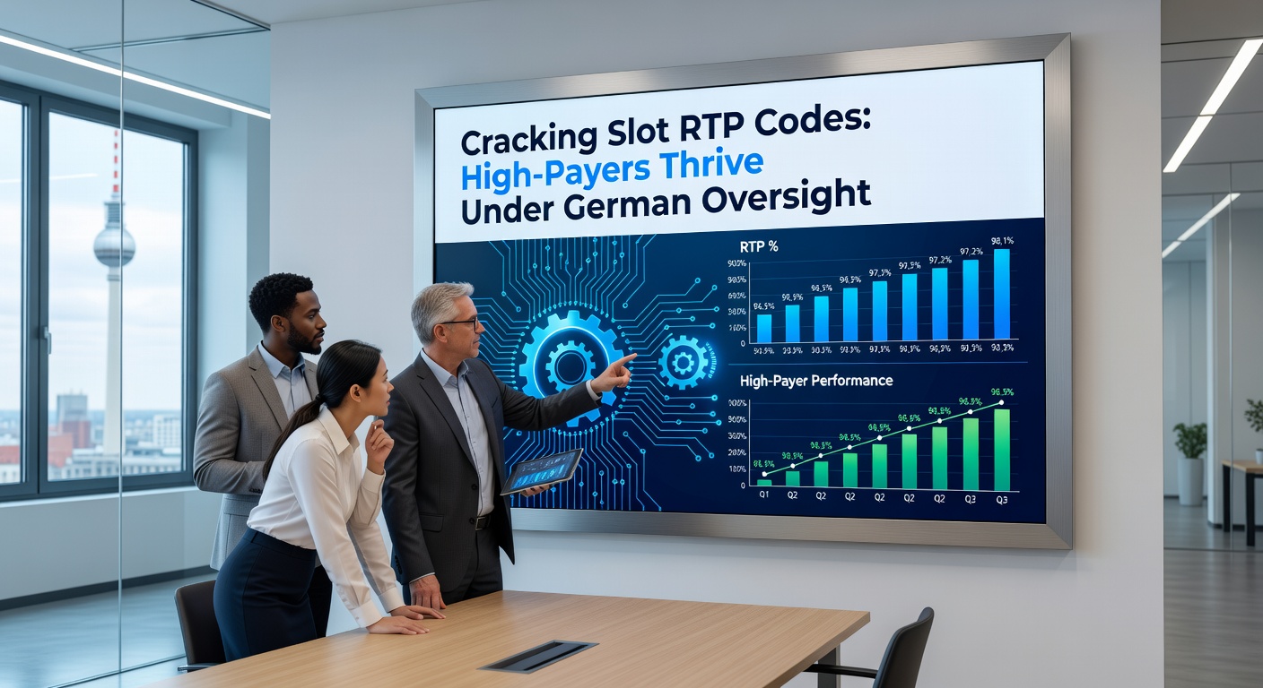Moderne Slot-Maschine mit leuchtenden Symbolen und RTP-Anzeige auf einem Bildschirm, umgeben von regulatorischen Symbolen der deutschen Glücksspielbehörde