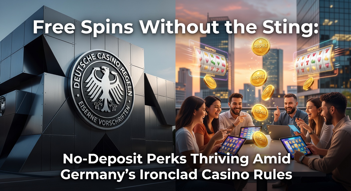 Lebendige Darstellung von Free-Spins-Symbolen, die unter einem Schild mit deutscher Flagge schweben, symbolisierend risikofreie Angebote in regulierten Märkten