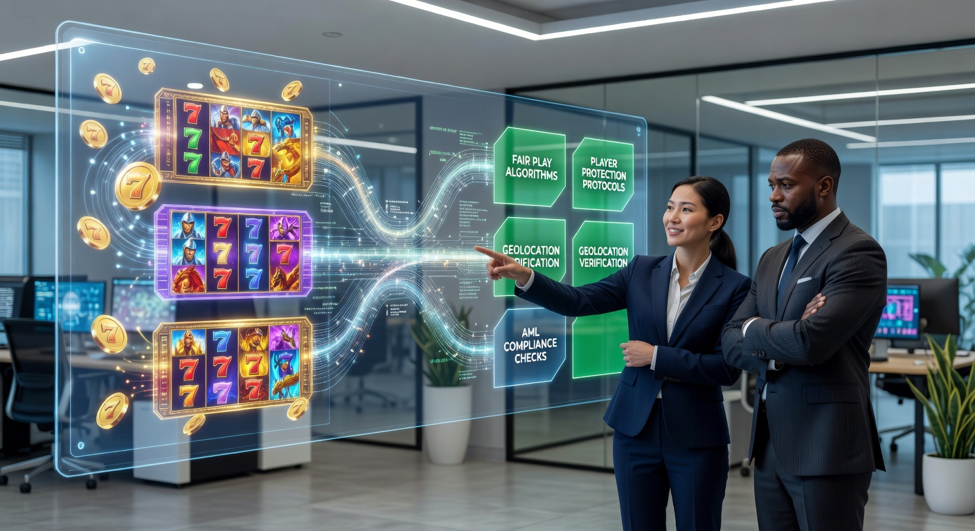 Moderne Video-Slot-App mit narrativen Elementen und Compliance-Symbolen auf einem Tablet