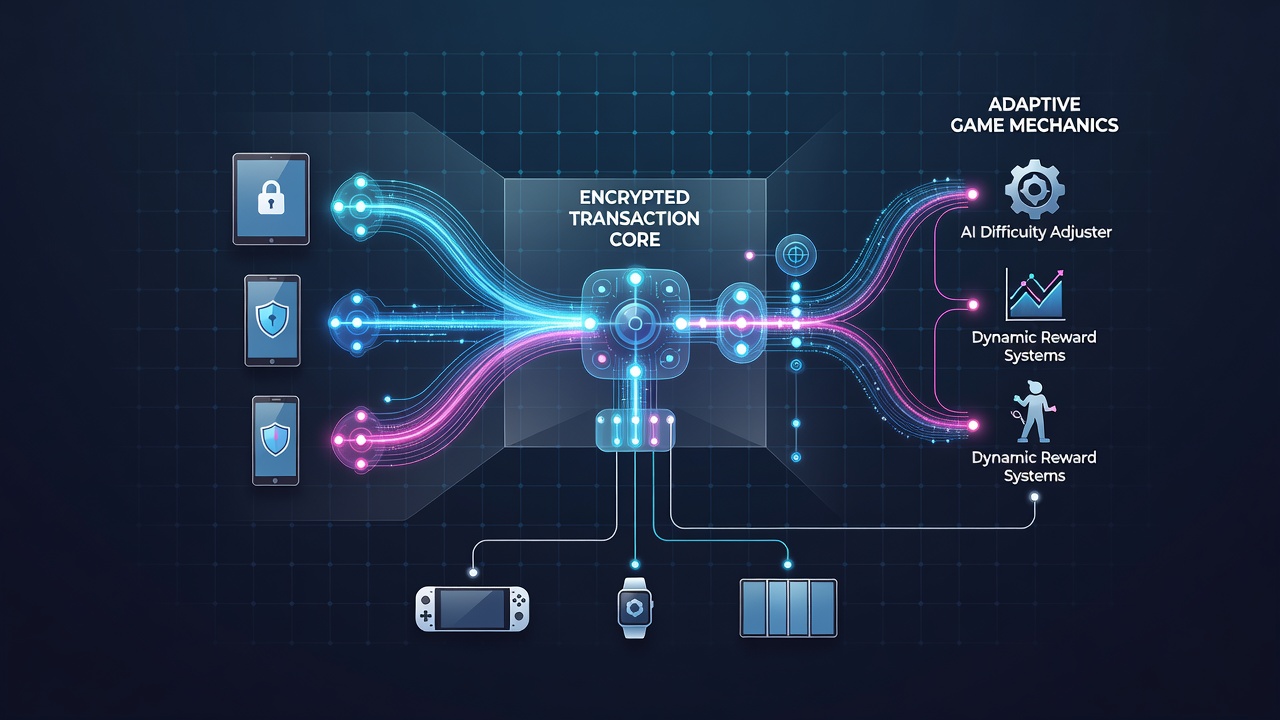 Illustration von Datenflüssen zwischen verschlüsselten Transaktionen und adaptiven Spielmechanismen auf mobilen Plattformen
